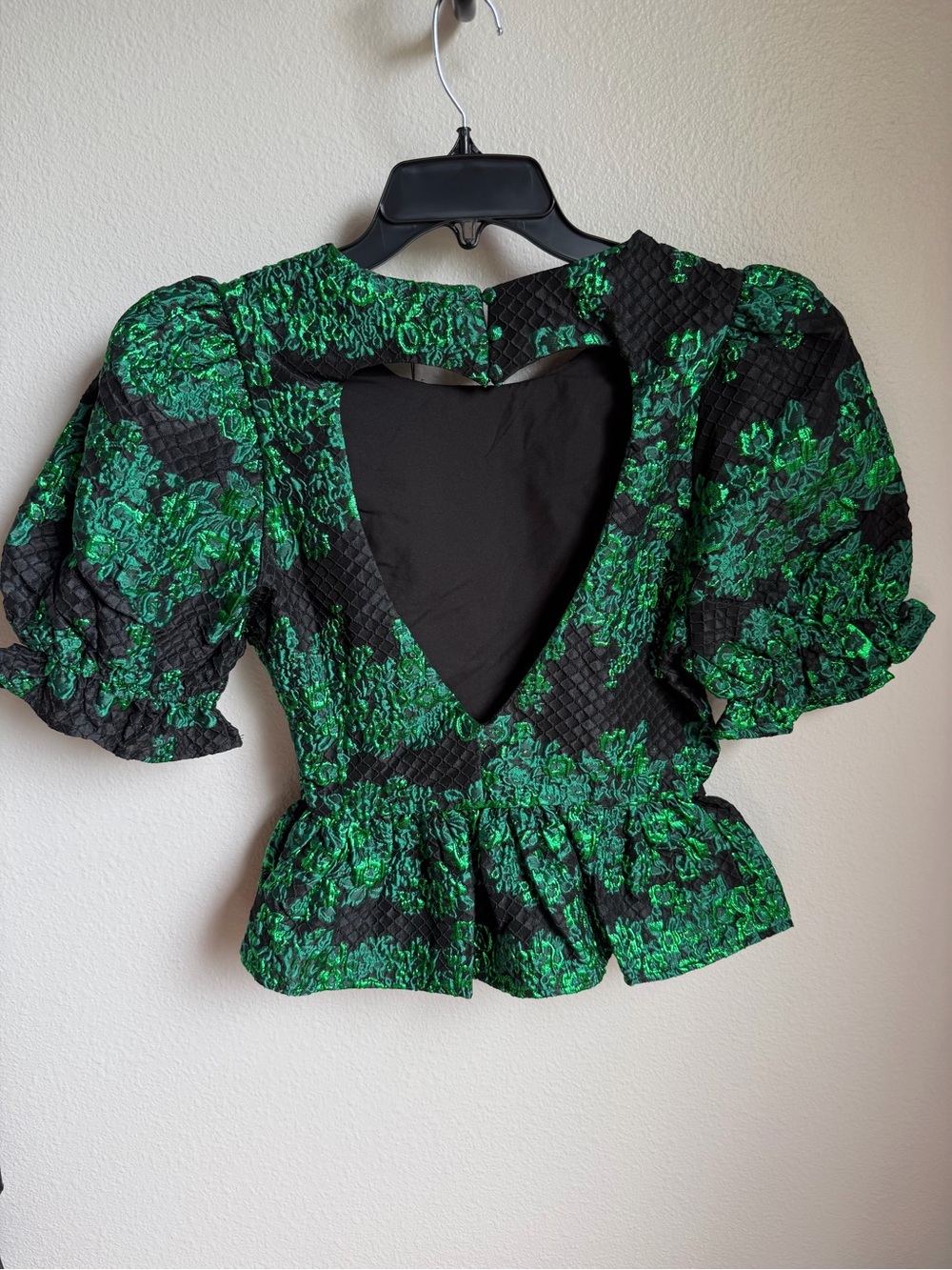 NWT Sugarlips Elyna Jacquard Green Black Puff Sleeve Peplum Blouse Sz S - Picture 11 of 13